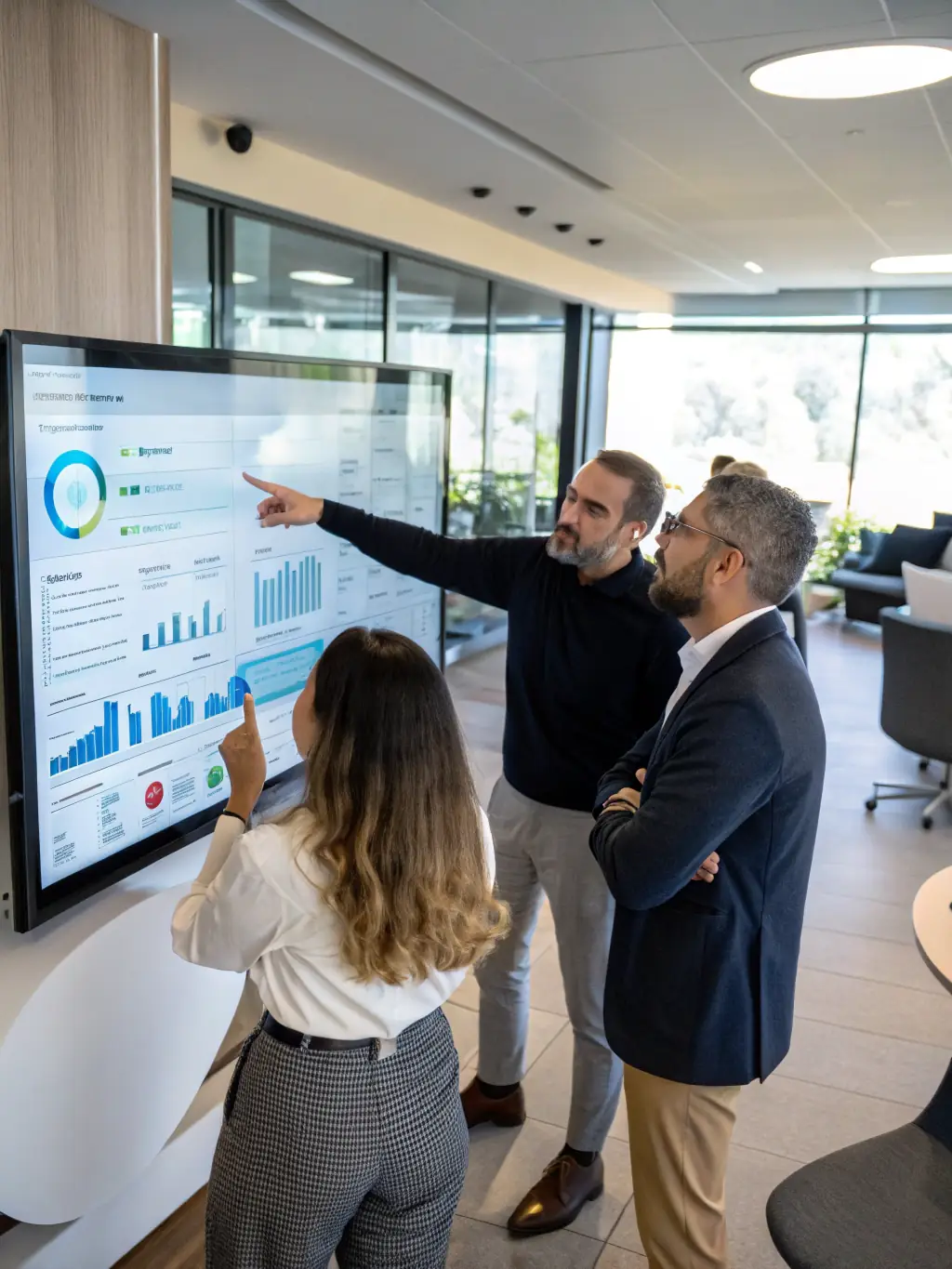 An image of a team analyzing sales data and planning strategies on a digital dashboard, representing YarkoLab's e-commerce strategy consulting services.