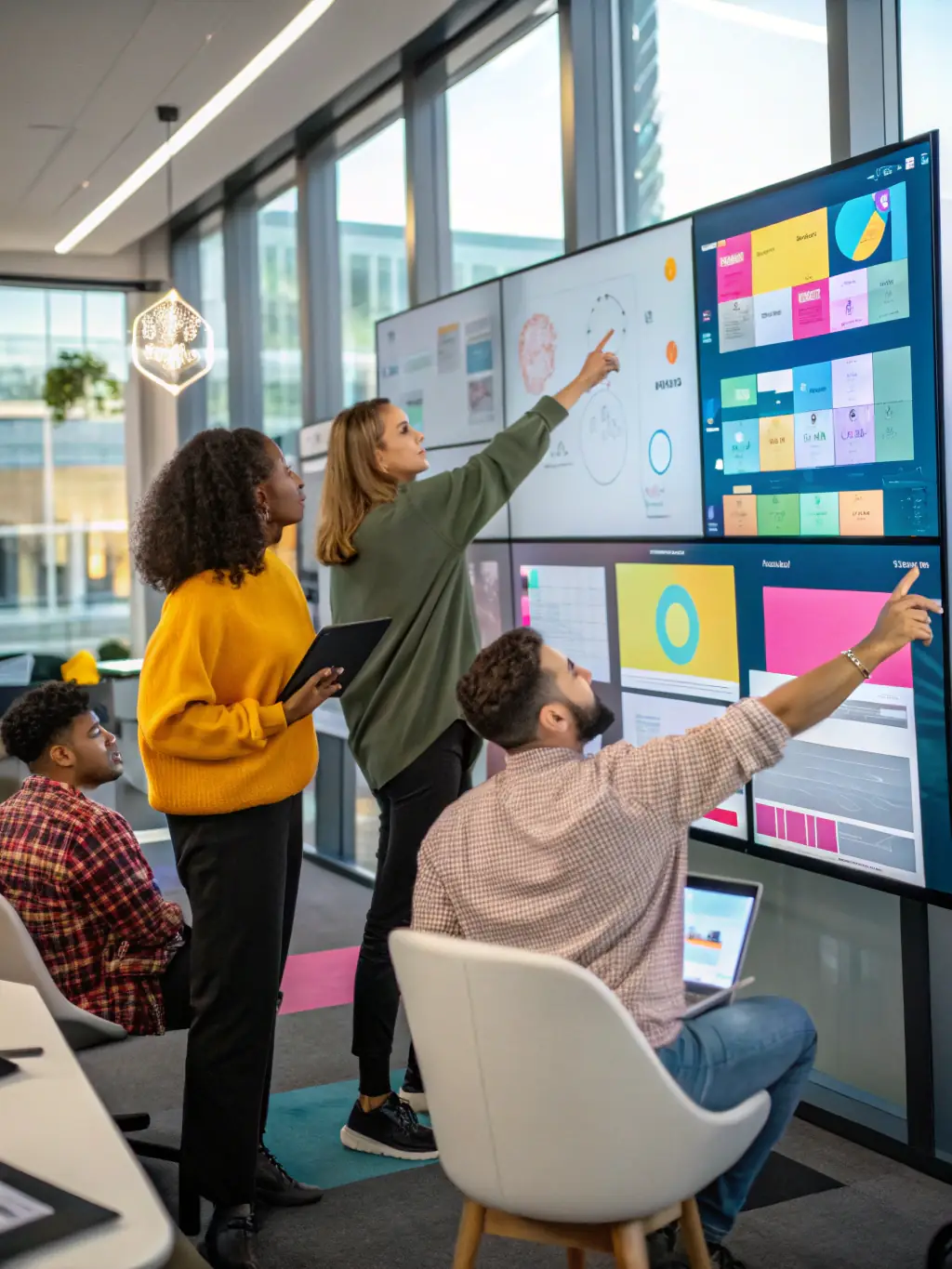 A team of web designers collaborating on a website layout, with wireframes and design mockups displayed on multiple monitors.