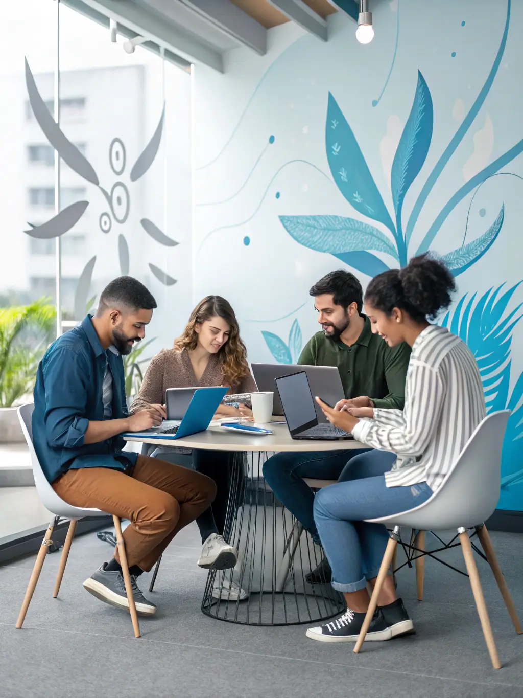A diverse team brainstorming innovative digital solutions in a collaborative workspace, with sticky notes and whiteboards filled with ideas.